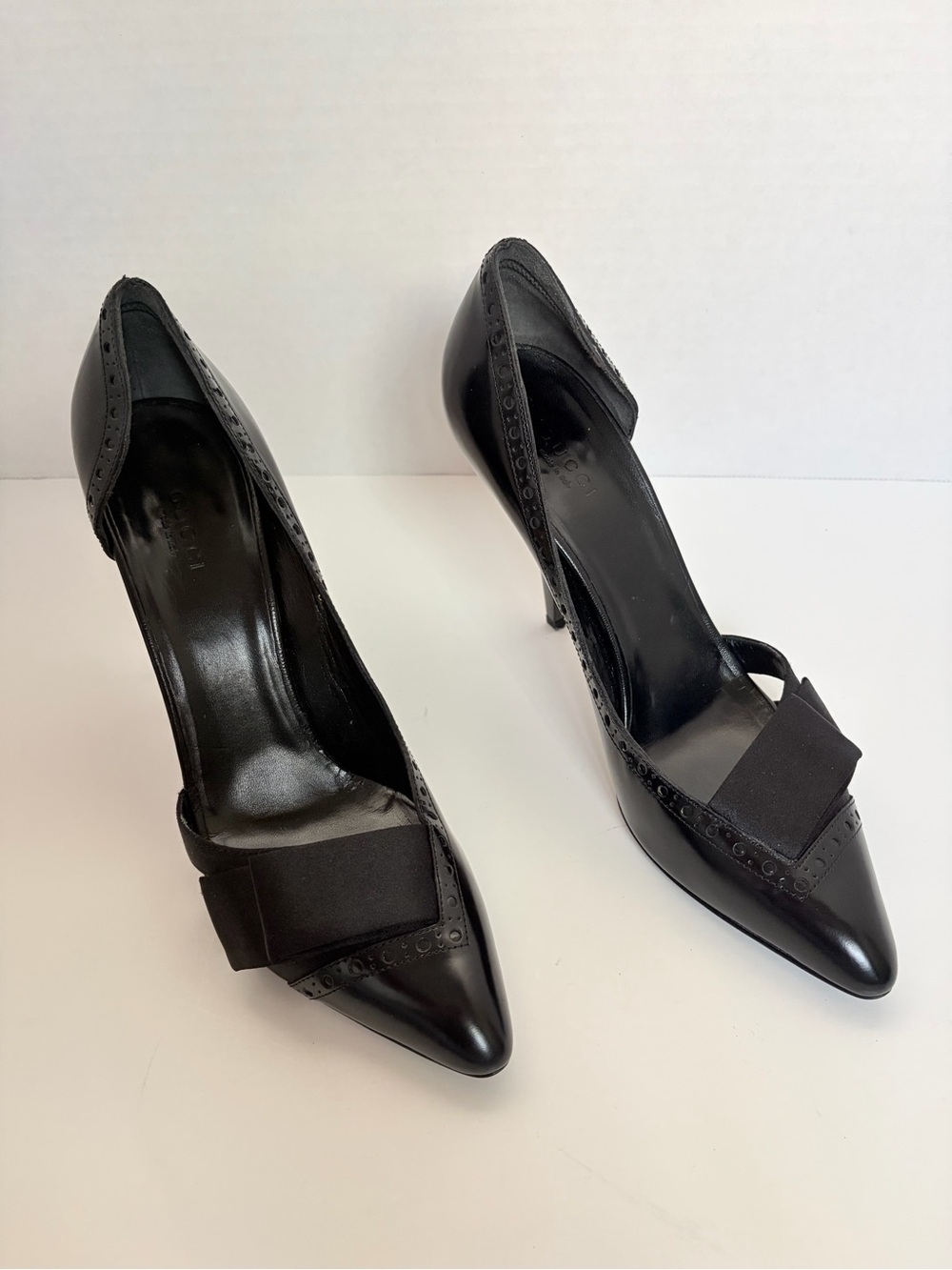 Gucci D’Orsay Stiletto Pumps Pointed Toe Trim Ribbon Satin Leather Black Size 39 - Picture 5 of 15